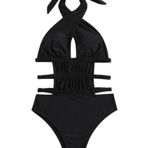Black Halter One-Piece Swimsuit with Cutout Details
